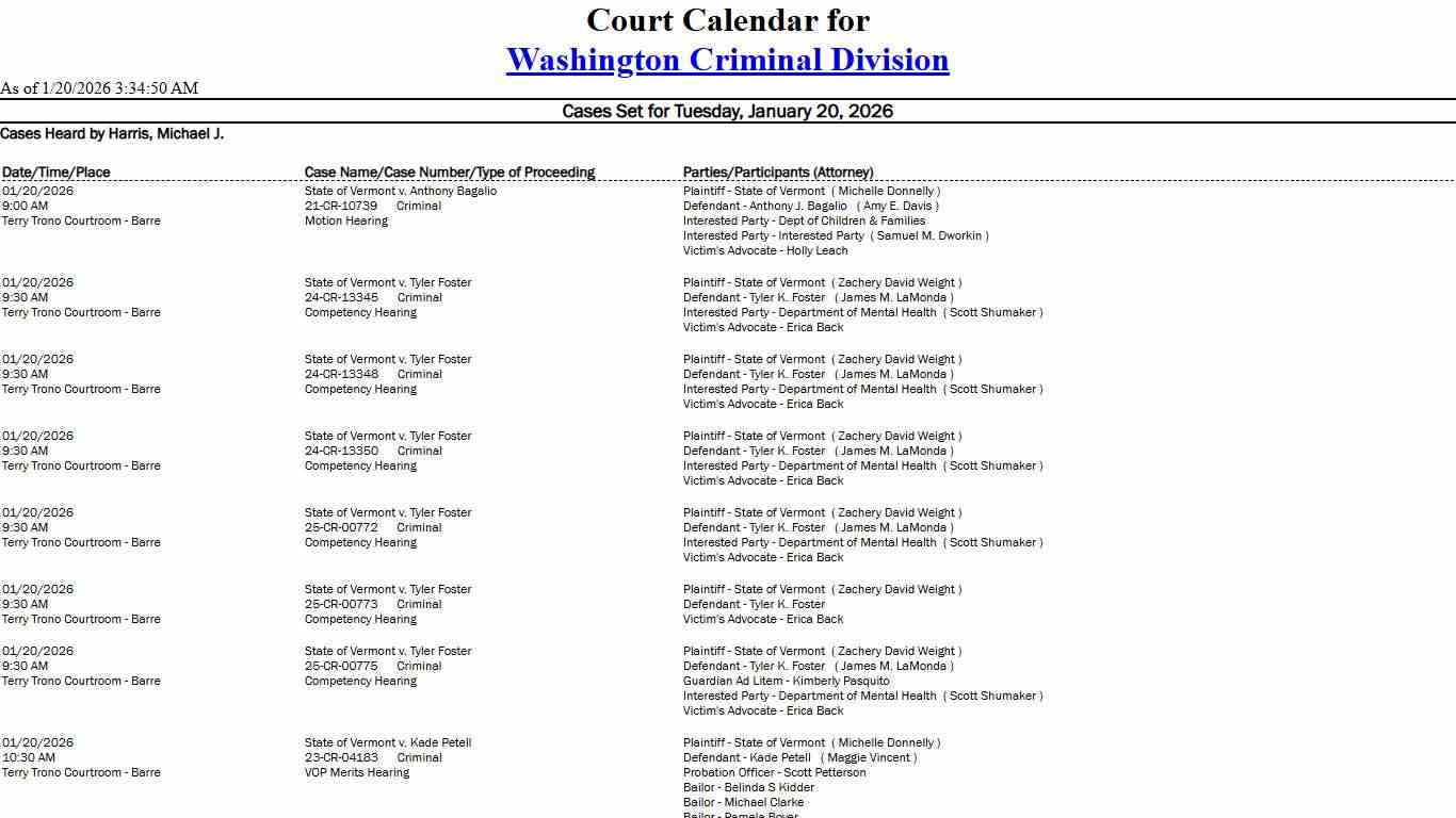 Washington Criminal Division Calendar