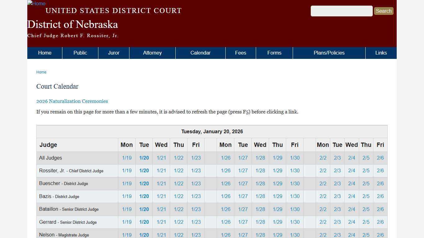 Court Calendar | District of Nebraska | United States District Court